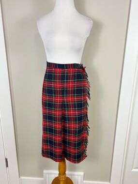 Vintage Red Tartan Kilt Skirt with Fringe